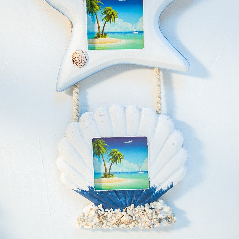 Wall-mounted Mediterranean Wooden Photo Frame Hanging Wall Decoration Combination Pictures Frames Starfish Shell Crafts