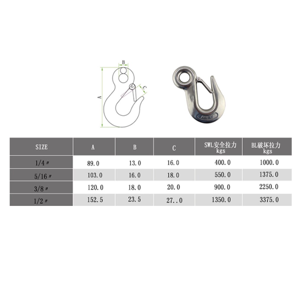 1/4&quot; Clevis Slip Hook with Safety Latch Towing Chain Hooks Stainless Steel