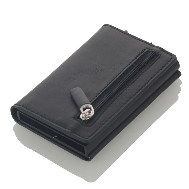 Porta tarjetas de crédito antirrobo para hombre, billetera de cuero Rfid con bloqueo, tarjetero metálico de aluminio Unisex con información de seguridad: Black