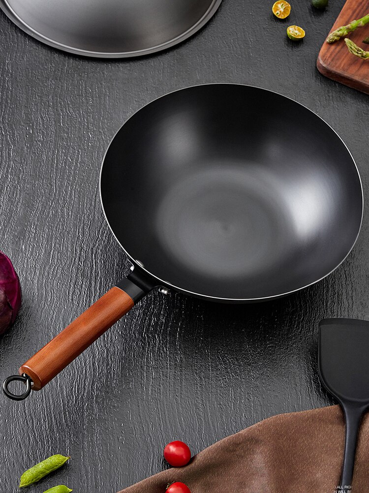 Wok Pan,Non-stick Handgemaakte Gietijzeren Wok Koekenpan Houten Handvat Kookpotten, Keuken Kookgerei