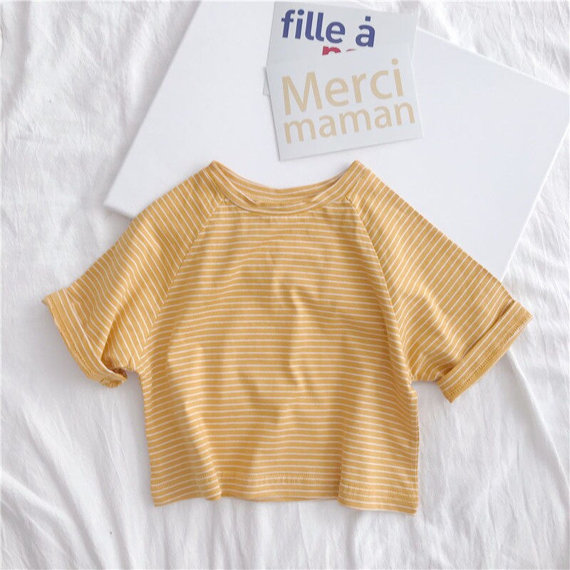 T-shirt rayé à manches courtes pour garçons et filles, haut à cinq points, ample, version coréenne, été , P4330: 2 / 2T