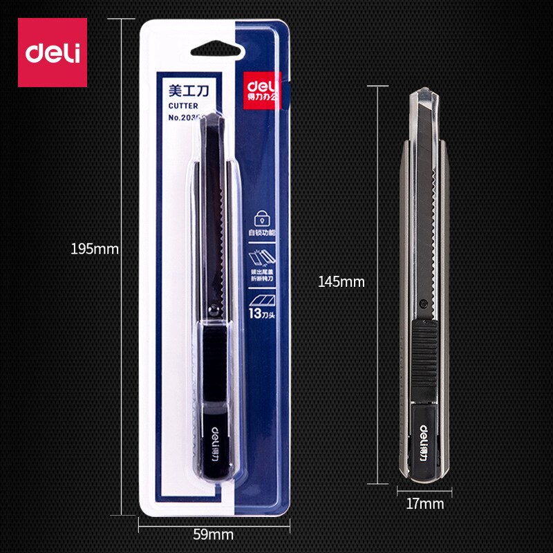 Deli2036s black blade art knife self locking art knife stainless steel wallpaper knife school office stationery