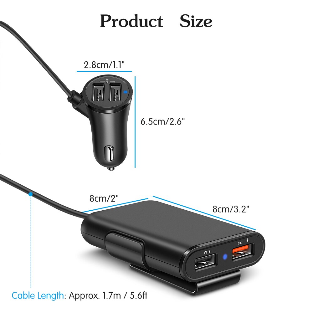 Powstro 4 Poorten Snelle 3.0 + 2.4A + 3.1A Usb Autolader Universele Usb Snelle Adapter Met 5.6ft Verlengsnoer kabel Voor Mpv Auto Telefoon