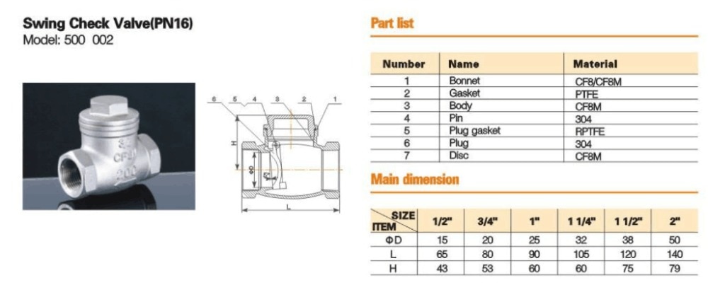 stainless steel switch check valve 2 inch thread DN50 SS304 201 316L 2 way water swing check valve