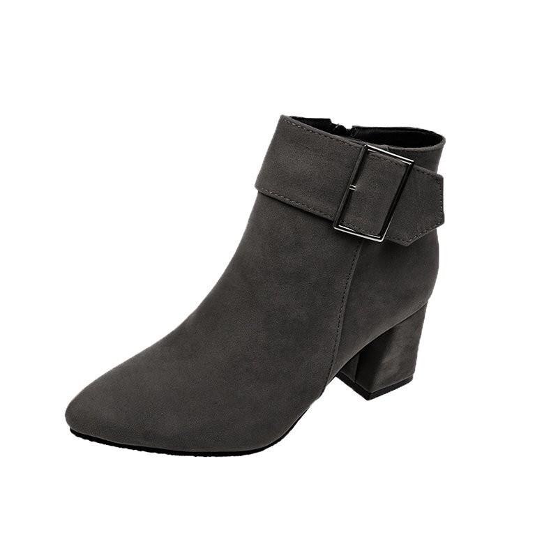 Winter Schoenen Gesp Enkellaarsjes Vrouw Sneeuw Schoenen Faux Suede Booties Wees Teen Blote Laarzen Chunky Hakken Maat 35-40: Gray / 40