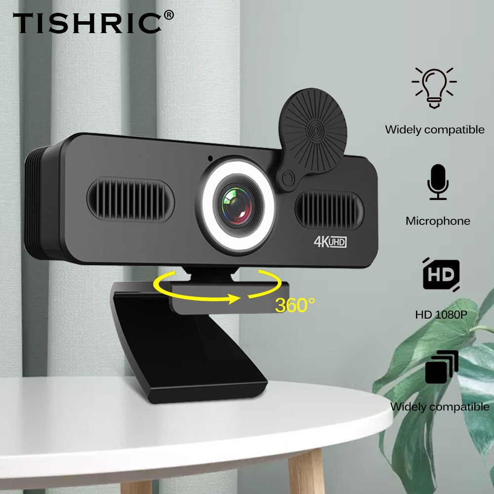 Tishric C360 Webcam 4K Web Camera Met Microfoon Webcam Pc Camera Hd Webcam Usb Camera Computer Camera Met vul Licht Cover