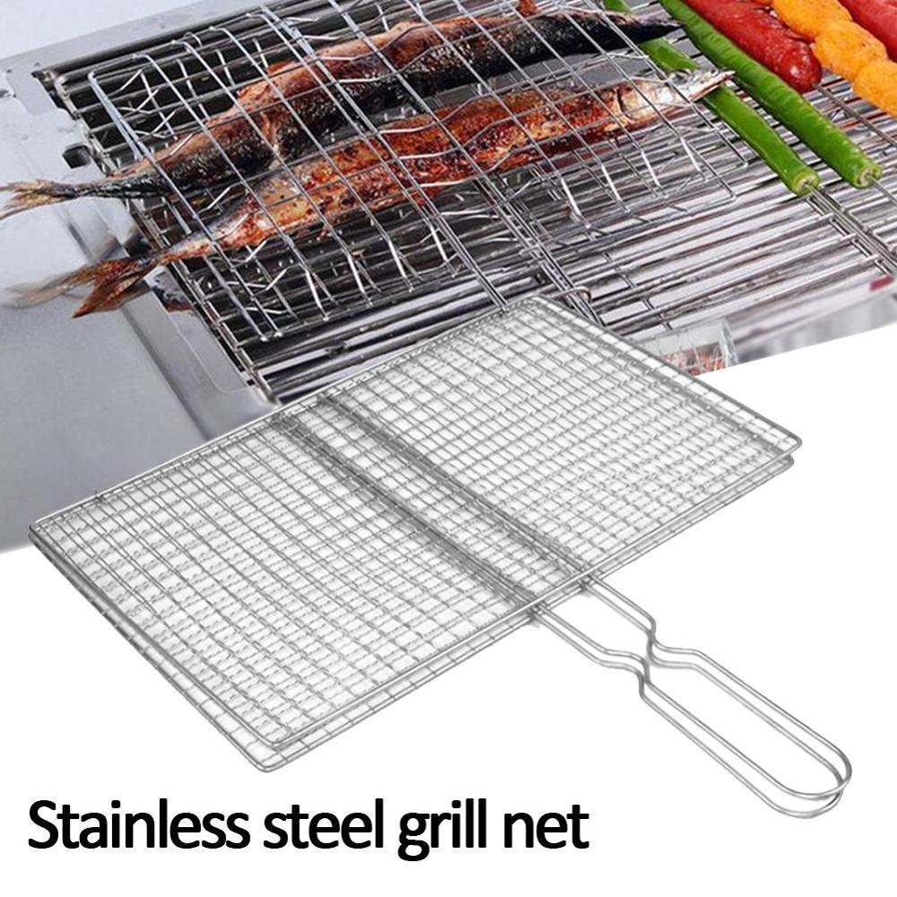 Household On-stick Triple Fish Grilling Basket w/ Wood BBQ Fish Barbecue Rack Handle Fish Grilling Outdoor Tool BBQ P4L2