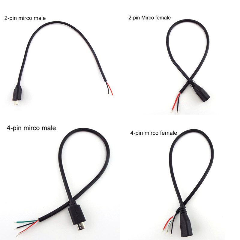 2 4 núcleos 0,3 M USB 2,0 tipo A macho hembra 2 pines 4 pines micro USB DIY conector reparación Cable de soldadura adaptador de fuente de carga de energía