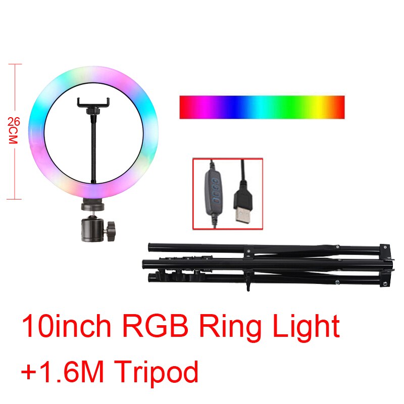 Led Ring Licht 10Inch 26Cm Foto Studio Verlichting Dimbare Selfie Ring Lamp Met Mobiele Houder Ondersteuning Tripod Stand voor Live: 10inch RGB