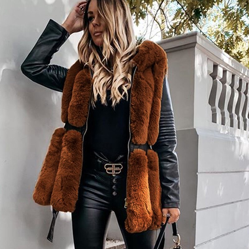 AGong-abrigos de piel sintética con capucha gruesa para mujer, chaquetas de retales de cuero PU a la , abrigos de manga larga elegantes para mujer