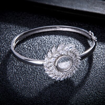 Collar de circonia cúbica + pendiente + brazalete para mujer, conjunto de joyería de boda, rama de olivo, Semi-sector, de , D1383: Platinumbangle