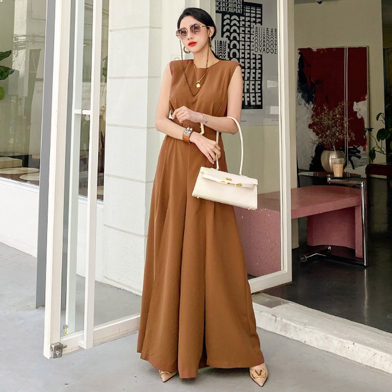 Summer Office Ladies Jumpsuits Bussines Sleeveless O Neck Sashes Overalls Formal Work Wide -Leg Rompers Jumpsuit with Belt