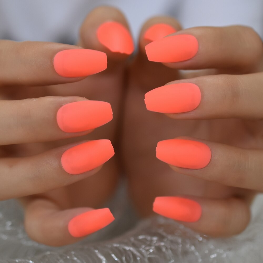 Néon Orange presse sur Ongles ballerine mat Faux Ongles couleur unie moyen manucure Art conseils avec onglets adhésifs: L5705