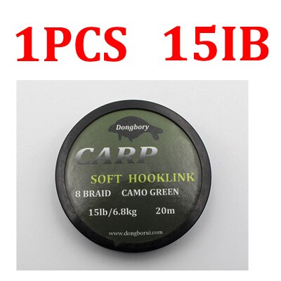 Línea de pesca de carpa de 20M, eslabones de gancho suave para el alambre de la carpa, 8 hebras trenzadas, enganche de camuflaje, línea de gancho revestido, equipo de pesca de carpa: 15LB