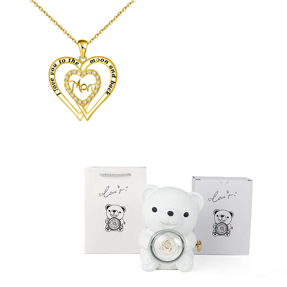 Collares con colgante de mamá de circón en forma de corazón con caja de de flor rosa de oso bonito adecuada para Navidad Día de la madre sorpresa romántica: Color amarillo dorado claro