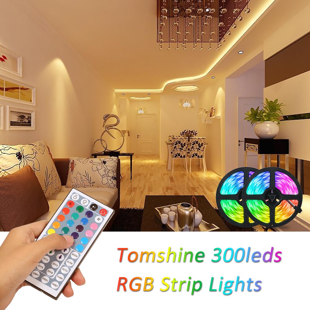 2x5m 300leds RGB Strip Lights Kit with 44 Keys IR Remote Controller Dimmable Color Rope Lights IP65 for Home Kitchen Christmas