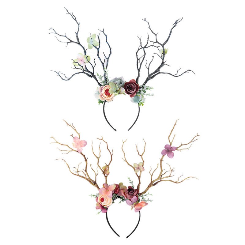 Christmas Headband Antlers Deer Horns Fairy Tale Flower Tree Branch Retro Hair Hoop Crown Festival Party Props Xmas Costume