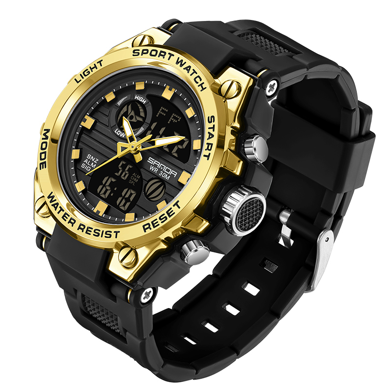 Reloj electrónico SANDA 739 para hombre, cronómetro de cuenta regresiva doble de lujo, resistente al agua, deportivo, Digital, luminoso, batería Original japonesa: Oro