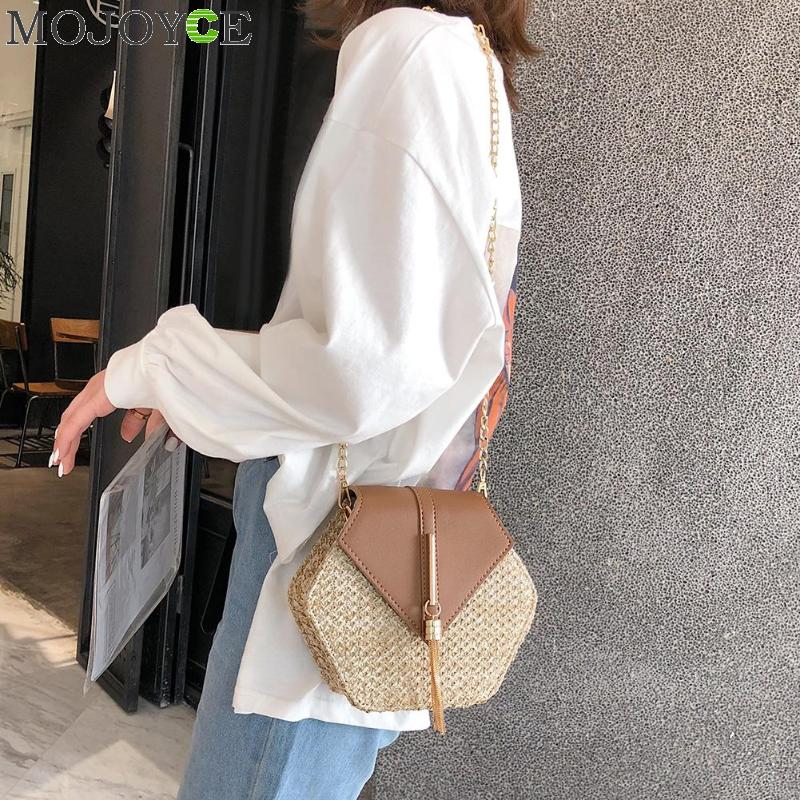 Hexagon Mulit Stil Stroh + pu Tasche Handtaschen Frauen Sommer Rattan Tasche