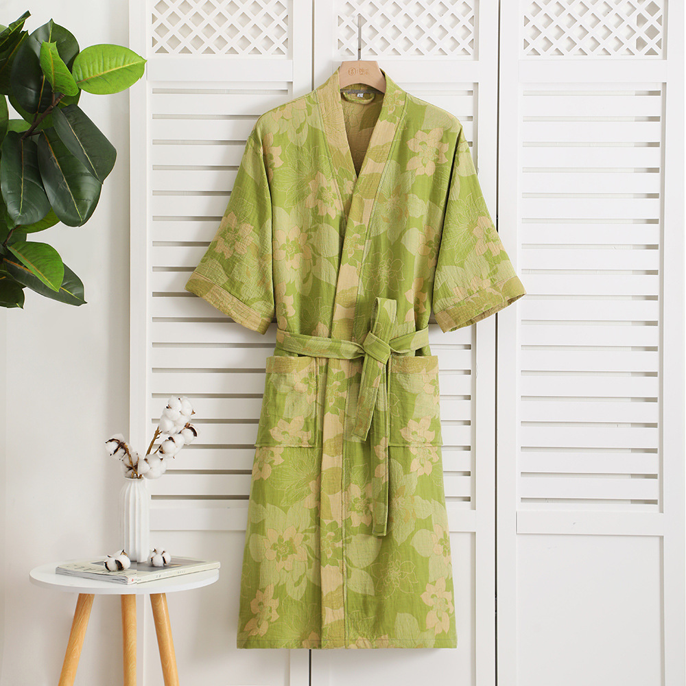 Albornoz de gasa de doble capa de algodón puro para primavera/verano, tela fina teñida, ropa de hogar para parejas, bata tipo kimono de estilo japonés, pijama