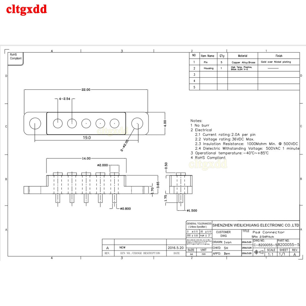 1pcs Spring Loaded Connector Pogo Pin 5 Pin 2.54 MM Pitch Through Holes PCB Vertical With Flange Panel Mount Single Row Strip