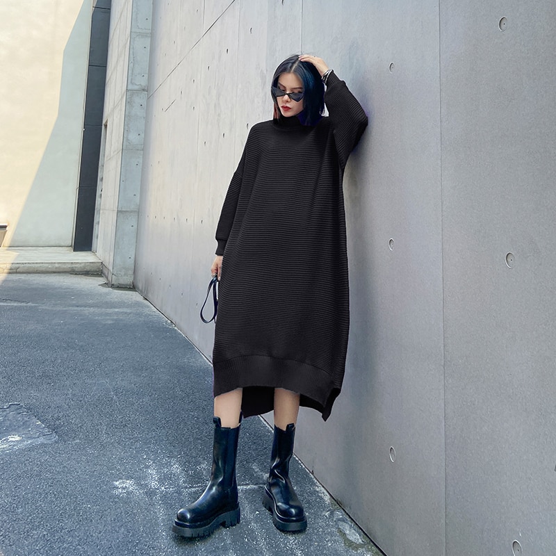 [EAM] Vestido largo de punto Irregular de talla grande para mujer, cuello alto, manga larga, suelto, tendencia de , primavera otoño 1DB512