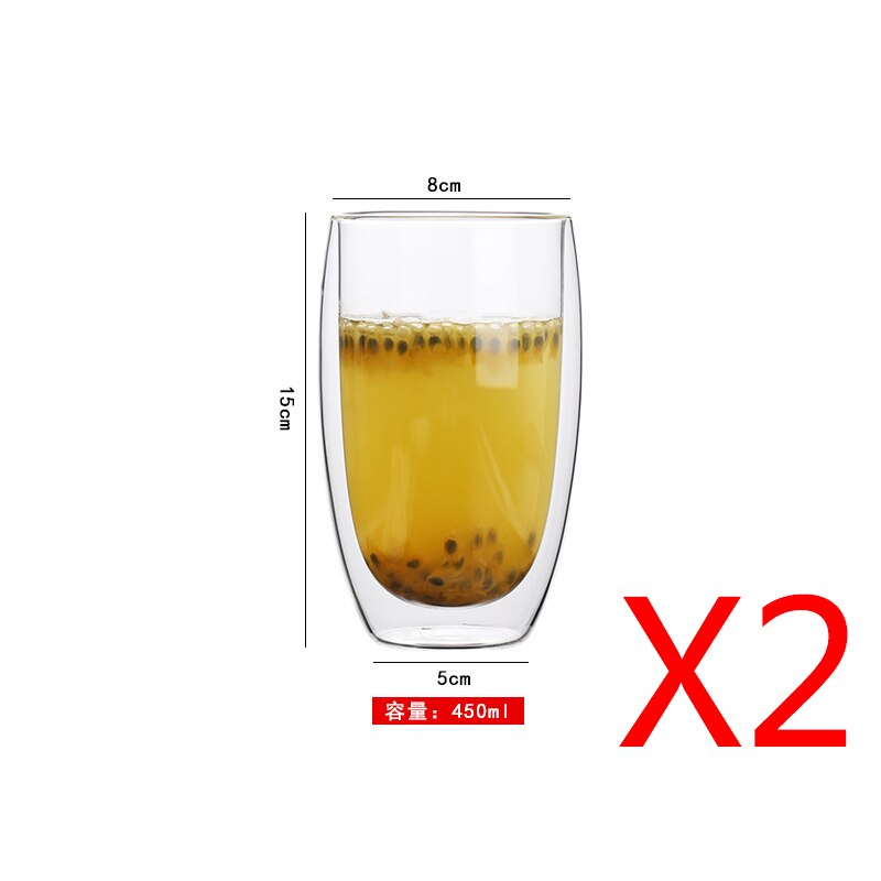 Transparent Double-layer Insulation Cup Heat-proof Anti-freeze Coffee Cup Ice Cream Cup Milk Cup Tea Cup Beverage Cup Creativity: 450ml x2