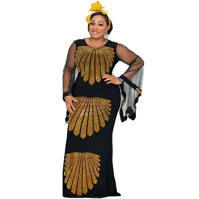 MD African Dresses For Women Evening Party Gown Ladies Diamond Shiny Dress Ankara Dashiki Maxi Robe ropa europea: Black / XL