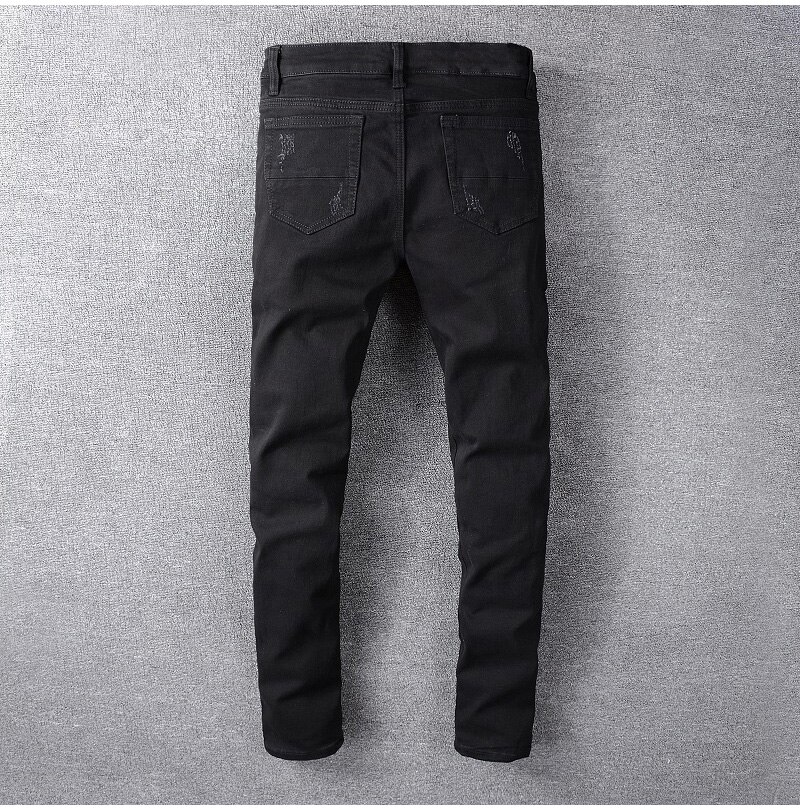 Mænds mænd afslappet pink bandana patchwork biker jeans sorte stretch denim huller revet skinny bukser bukser