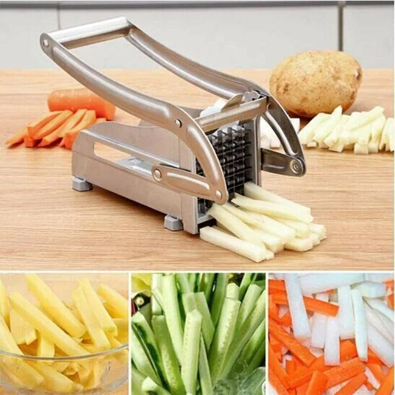 Cortador de patatas fritas Manual de acero inoxidable con cabezales, máquina cortadora de tiras, herramienta para hacer patatas fritas y zanahorias