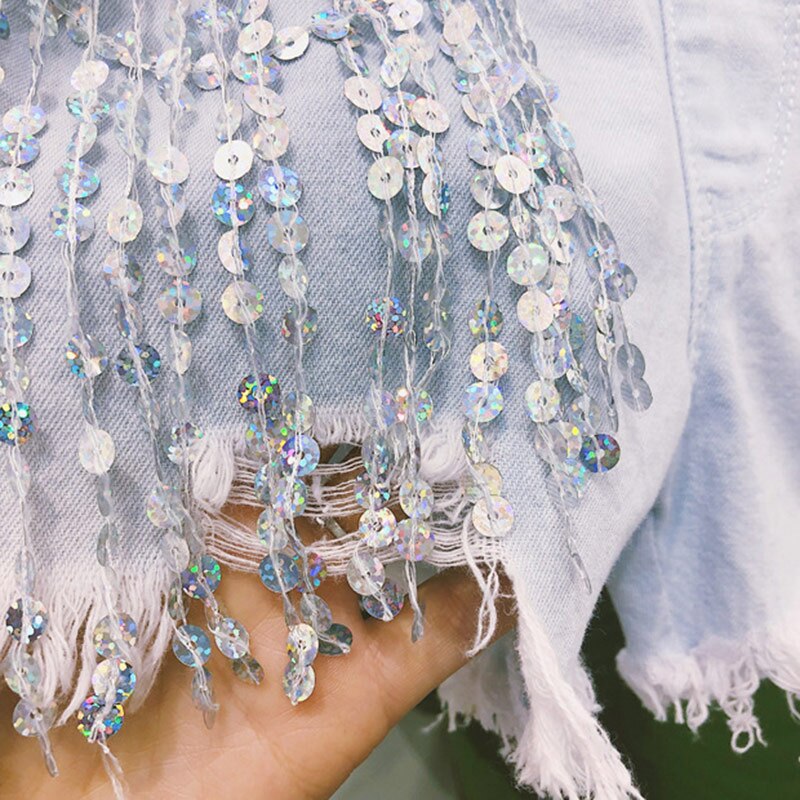 Pantalones cortos de verano para niñas, shorts de tela vaquera para bebés, a la ropa de calle, con lentejuelas plateadas y borlas, de 3 a 9 años