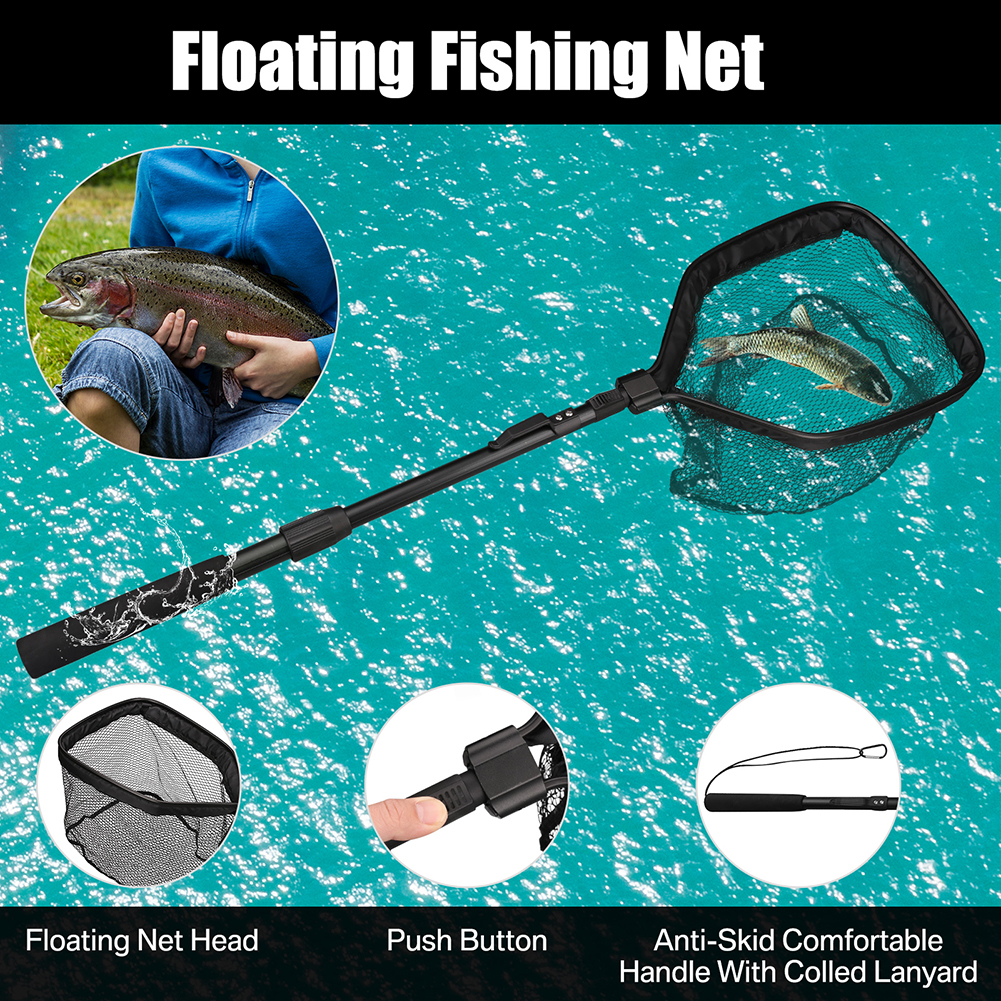 Red de pesca flotante, red de aterrizaje plegable, fácil captura y liberación con poste telescópico, red de pescado recubierta de goma para agua salada y agua dulce