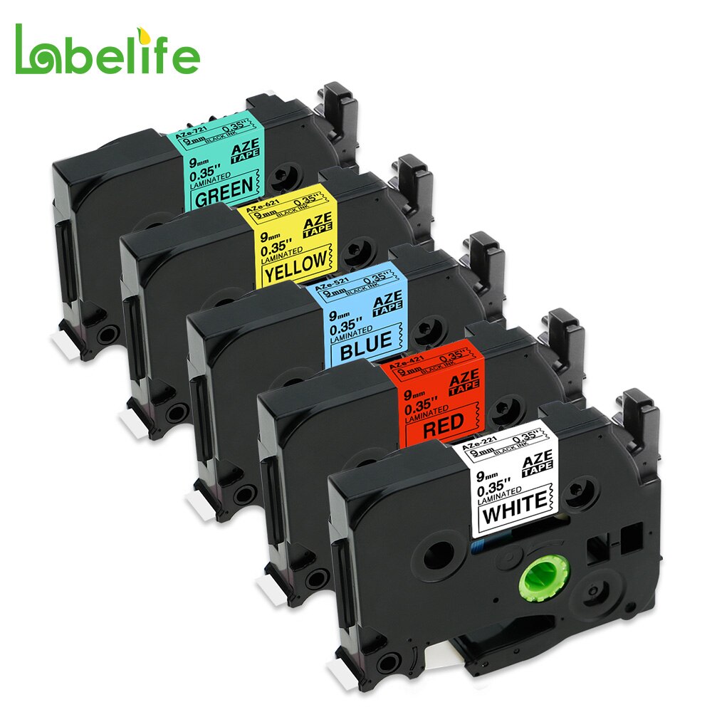 Labelife 5PK TZe-221,421,521,621,721 tze label tape 9mm Compatible Brother P-touch label printer PT-D200 PT-D210 laminated tapes