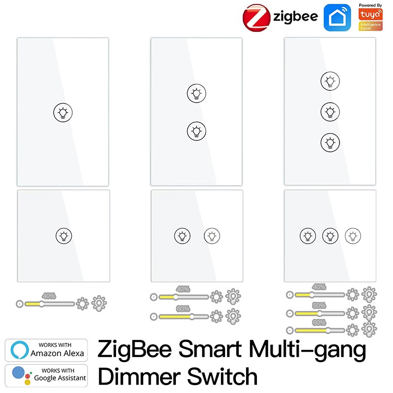 Smart ZigBee Multi-gang Light Dimmer Switch Independent Control Smart Tuya APP Control Works with Alexa Google Home 1/2/3 Gang