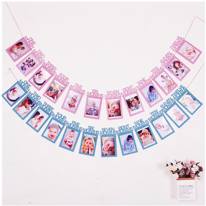 1 Set Happy Baby 1st Birthday Photo Frame Banner for Family First Party Favors Kids Boy Girl Supplies 12 Month Decoration
