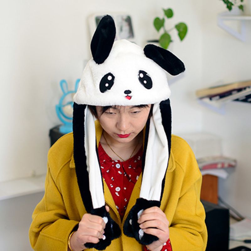 Barn vuxen kort plysch söt 3d tecknad panda djurhatt med rörliga öron dubbla krockkuddar tassar varm öronlock lock leksak fest rekvisita