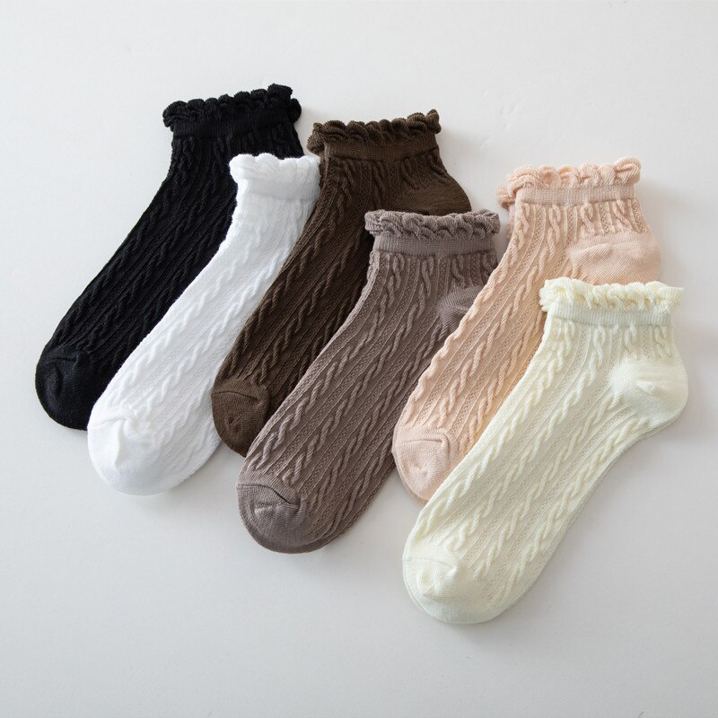 Calcetines de algodón de estilo japonés para mujer, calcetín con volantes, Color liso, negro y blanco, coreana