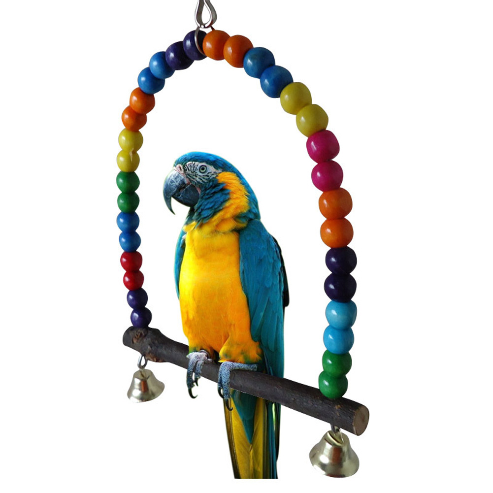 1pc papagaios de madeira natural brinquedo balanço pássaros colorido contas suprimentos de pássaro sinos brinquedos poleiro pendurado balanços gaiola para animais de estimação
