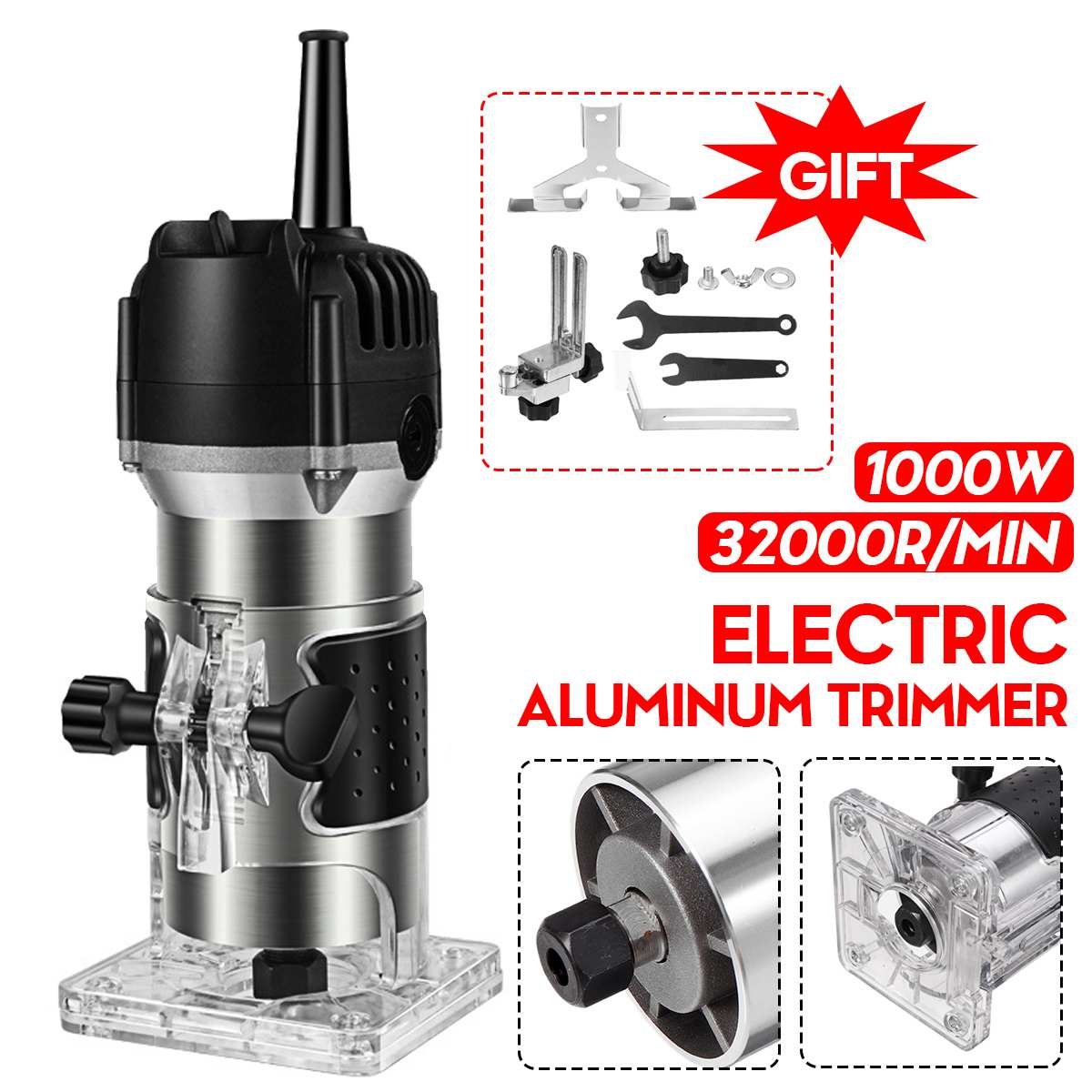 32000r/min 1000W Woodworking Electric Trimmer Wood Milling Engraving Slotting Trimming Machine Hand Carving Router: Aluminum shell
