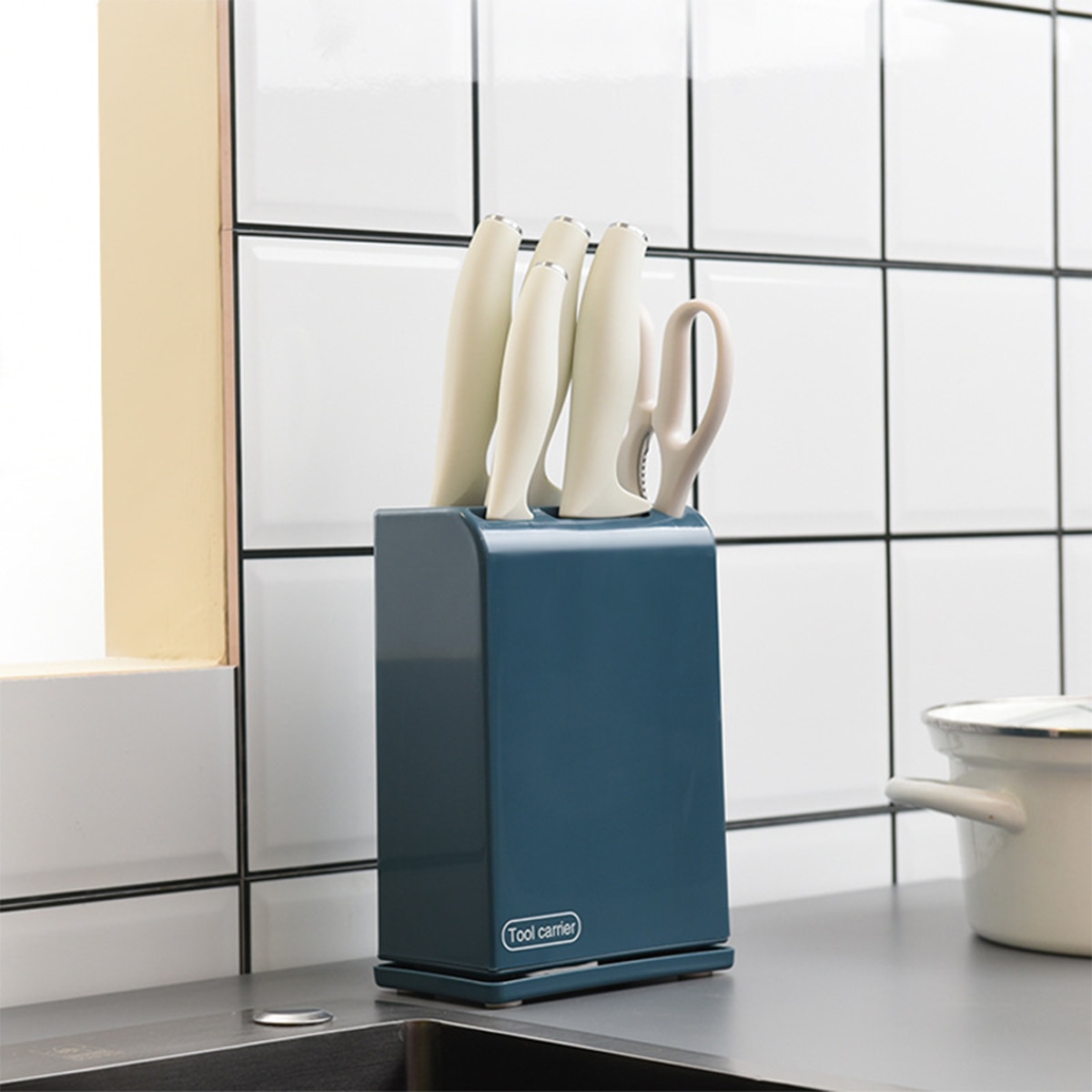 Universal knivblok, køkkenredskabsholderholder i hård plast med skridsikre puder til bordplader: Blå