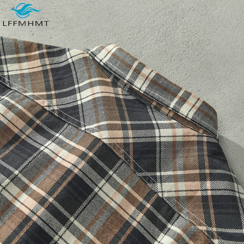 Camisas simples de manga larga estilo japonés a cuadros clásicas con solapa para hombres Harajuku verano otoño bolsillos Tops de algodón ropa de calle con ajuste Delgado