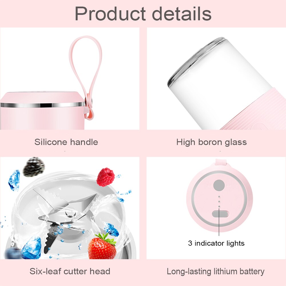 Juice Cup 300mL Mini Personal Portable Cordless Juicer Cup Smoothie Maker with USB Charging for Office Travel