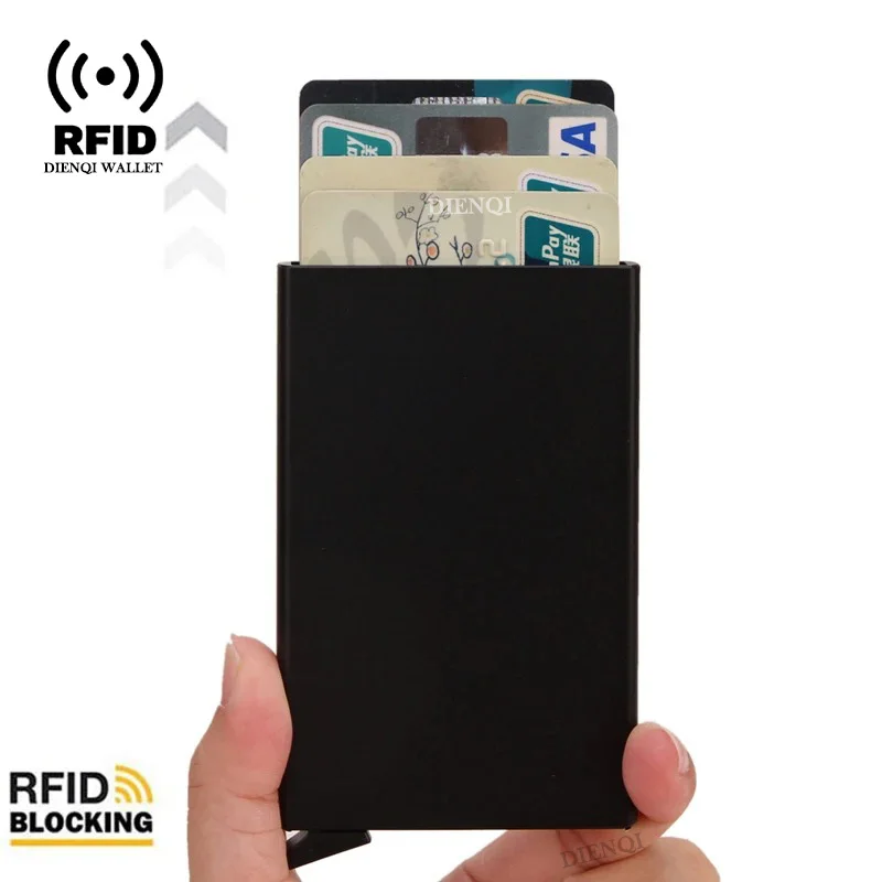 Rfid-Kreditkartenetui, Metall, dünn, schlank, intelligente Geldbörse, Herren- und Damen-Geldbörsen, Pop-Up, minimalistische kleine schwarze Geldbörse, Mini-Geldbörsen für Herren