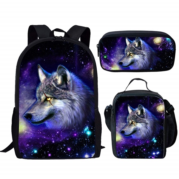 INSTANTARTS Cool Galaxy/Universe Wolf Print Schooltas voor Jongens 3 STUKS Set Rugzakken Kinderen Casual Middelbare School Student Rugzak: CC3196CGK