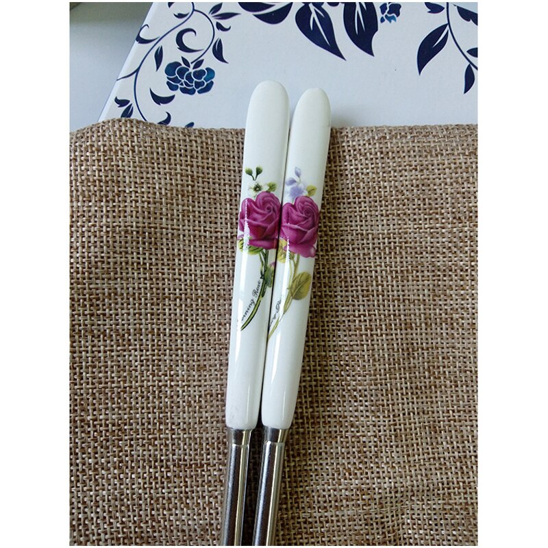 BalleenShiny 1 Pair Stainless Steel Chopsticks Chinese Style Rose Peony Ceramic Handle Anti-skid Chopsticks for Rice