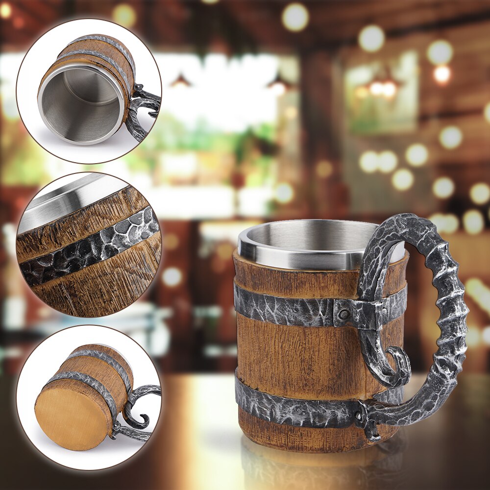 550Ml Viking Hout Stijl Bier Mok Als Simulatie Houten Vat Beer Cup Double Wall Mok Metalen Geïsoleerde houten Barre