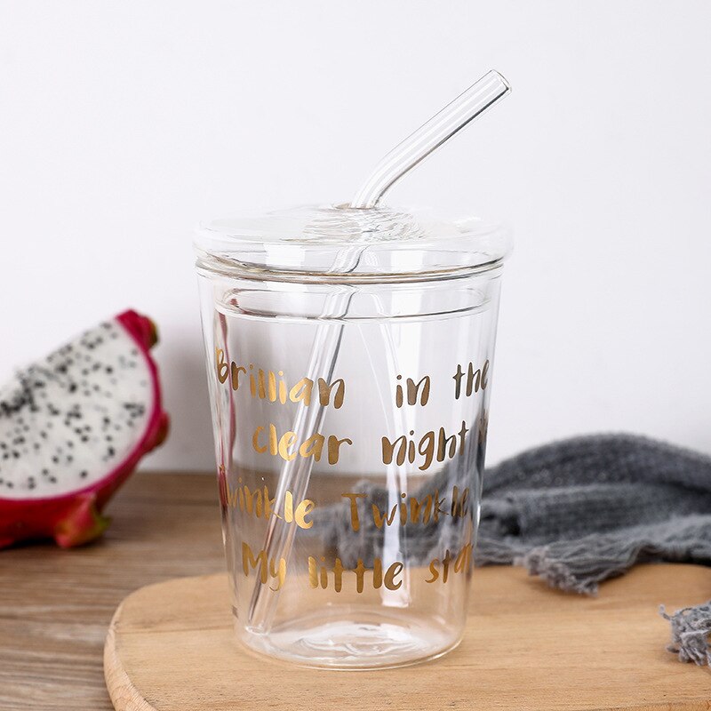 Tumblers med lock och sugrör glas 12 oz vattenflaska resemugg för vatten, saftglas kopp och klart lock halm