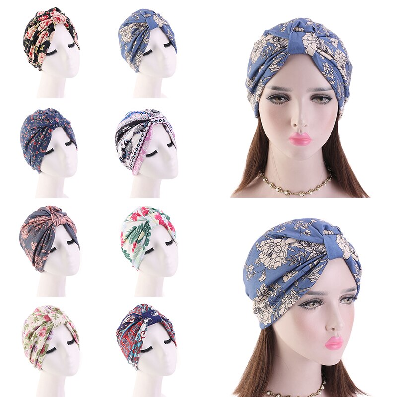 Elastische katoenen tulband hoed bloemenprint dames warme hoofddoek muts binnen hijabs muts moslim hijab vrouwelijke wikkel hoofd