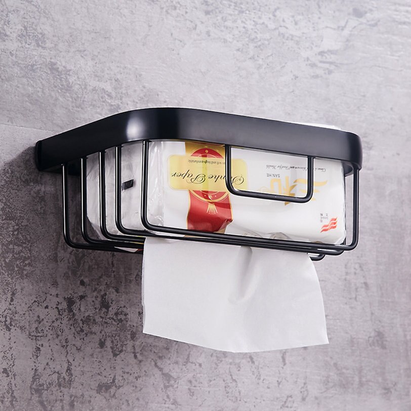 Svart aluminium dårlig vegghylle toalettpapirholder kurv arrangør oppbevaring etagere salle de bain murale banheiro repisa