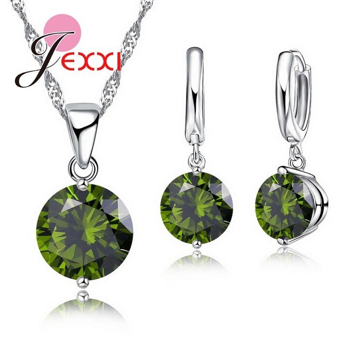 Conjunto de joyas para mujer, Plata de Ley 925 auténtica, cristales redondos, CZ, colgante, collar, pendientes, novedad: green